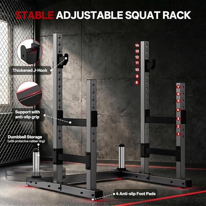 PASYOU Adjustable Squat Power Rack for Home Gym | Adjustable Free Weight Racks, Dual Steel Frame, Push-up Handles, with Dumbbell Storage, Heavy Strength Training for Home Gym