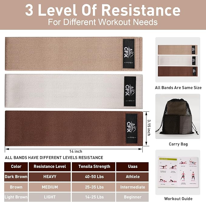 CFX Resistance Bands Set, Exercise Bands with Non-Slip Design for Hips & Glutes, 3 Levels Workout Bands for Women and Men, Booty Bands for Home Fitness, Yoga, Pilates