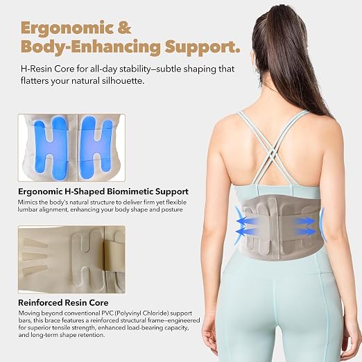 Slim Fit Lower Back Brace – Ultra-Thin Ergonomic H-Shaped Resin Support, Seamless Design for Strong & Comfortable Lumbar Support, Lightweight & Discreet Back Brace (Black, Medium)