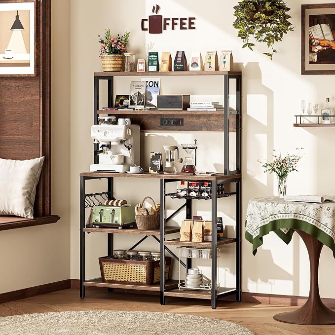 SUPERJARE Bakers Rack with Power Outlet, 35.4 Inches Coffee Bar with Basket | Kitchen Microwave Stand with 13 S-Shaped Hooks, Open Storage Shelves, Rustic Brown