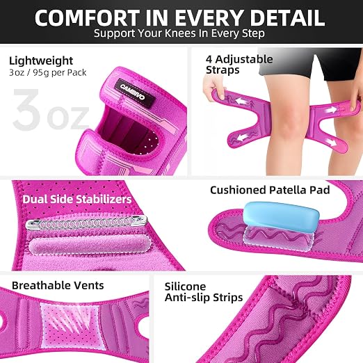 CAMBIVO Patella Tendon Support Knee Brace for Women & Men, Adjustable Knee Strap with Gel Pad & Side Stabilizers, Breathable Lightweight Knee Support for Running, Training & Daily Use (Hot Pink, S/M)