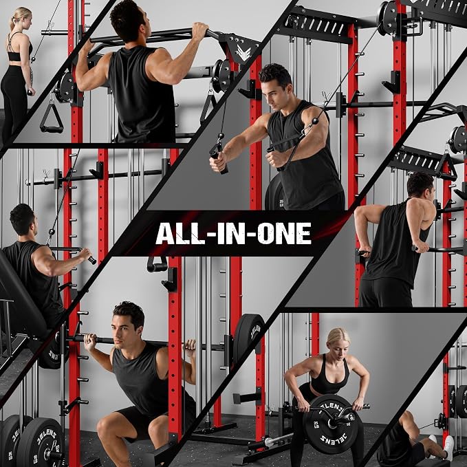 JELENS M21 Smith Machine, Multi-Function Power Cage with Dual Pulley Cable Crossover System, 2000LBS All-in-One Squat Rack with Smith Bar and Attachments for Home Gym