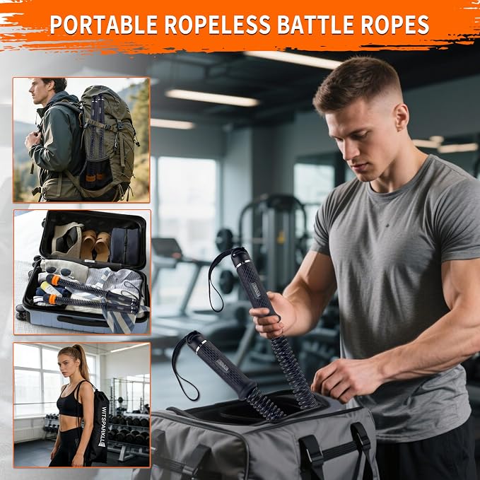 Portable Adjustable Ropeless Battle Ropes with Black | Weighted Cordless Workout Rope with Anti-slip Handles for Low-impact Cardio, HIIT, Home Gym and Office Fitness