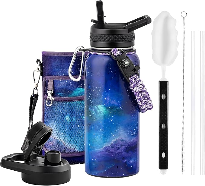 RAYMYLO Insulated Water Bottle 32 oz, Triple Wall Vacuum Stainless Steel | (Cold for 24Hrs, Hot for 12Hrs), Leak Proof & Non-BPA, Modern Water Flask Jug with Paracord Handle & Straw Spout Lids