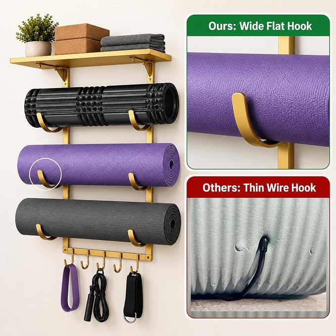 Wall Mount Yoga Mat Storage Rack, Heavy Duty Iron Organizer with 3-Tier J-Hooks, Wide Top Shelf and 5-Hook Bottom Rail for Yoga Mats, Foam Rollers, Blocks and Home Gym Accessories
