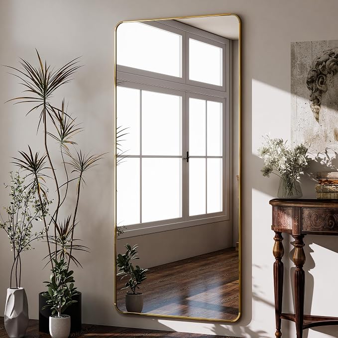 BEAUTYPEAK 76" x 34" Rounded Corner Full Length Mirror with Stand, Gold | Aluminum Alloy Frame with Standing, Leaning, or Wall-Mounted, Ideal for Bedroom, Dressing Room, Entryway, and Living Room
