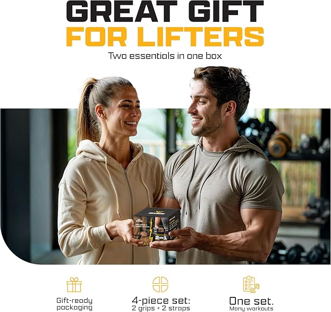 Workout Grips & Wrist Straps Set - Anti-Slip Silicone Hand Grips + Lifting Straps for Gym, Weightlifting, Pull-Ups, Deadlifts - Gloves Alternative (2 Grips + 2 Straps + Carry Case)