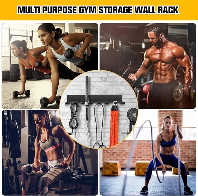 Wall Mount Gym Storage Rack, Heavy Duty Alloy Steel Workout Organizer with Carabiners, Hanging Holder for Yoga Mat Foam Roller Resistance Bands Jump Rope, Black