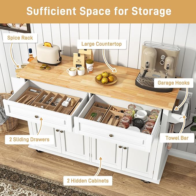 Hlivelood 59.1" Movable Kitchen Island with Drop Leaf and Power Outlet, Rolling Island Cart w/Storage Cabinet, Island Table on Wheels for Kitchen w/2 Drawers, Spice Rack, Towel Bar, Garage Hook, White