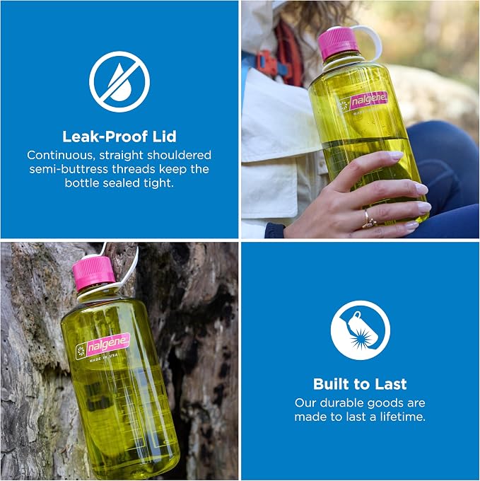 Nalgene 32 oz Narrow Mouth Water Bottle, Thrill & Motion, Endive w/Fuschia Purple