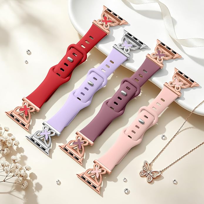 Lerobo Slim Silicone Band Compatible with Apple Watch Bands for Women | Dressy Metal Butterfly 16mm Thin Strap for iWatch Series 11 10 9 8 7 6 5 4 SE Ultra 38mm 40mm 41mm 42mm 44mm 45mm 46mm 49mm