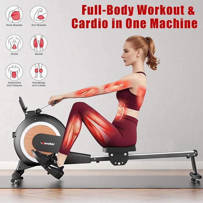 Wenoker Rowing Machine for Home, Magnetic Rower Machine, 350 LB Weight Capacity, 16-Level Silent Resistance Row Machine for Gym Exercise