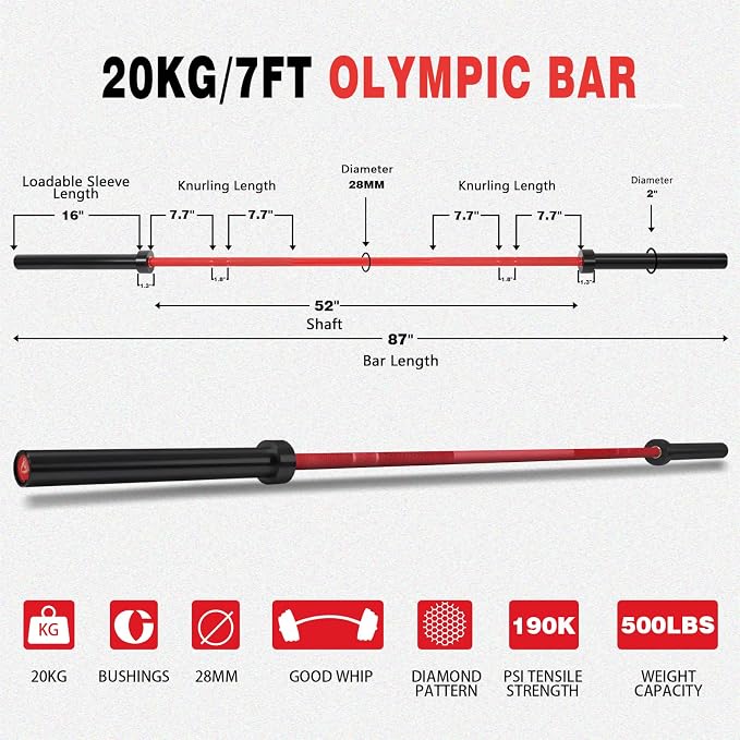 7ft Olympic Barbell for Strength Training, Olympic Weightlifting | 500 700 1000LBS Capacity, 2 Inch 45lb Weight Bar for Squat, Home Gym Fitness Equipment, Bench Press, Deadlift, Powerlifting