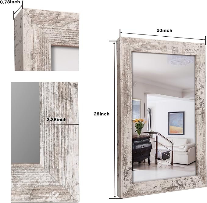 Syndra Rectangular Mirror with Frame Rustic 20x28‘’ Wall Mounted Rustic Vanity Mirror with Large Wood Frame Farmhouse Bathroom Mirror, for Bedroom, Living Room, Entryway Wall Decor(White)