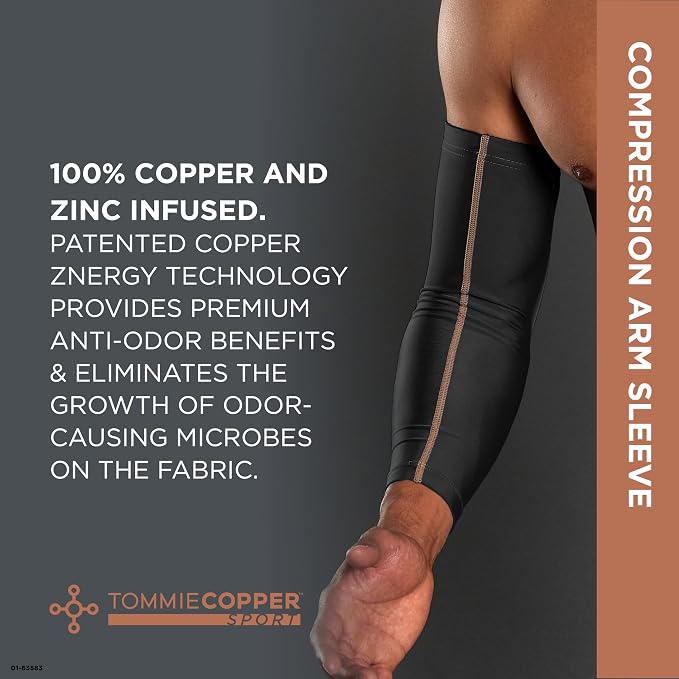 Tommie Copper Arm Compression Sleeve 15-20 mmHg, 100% Copper & Zinc Infused