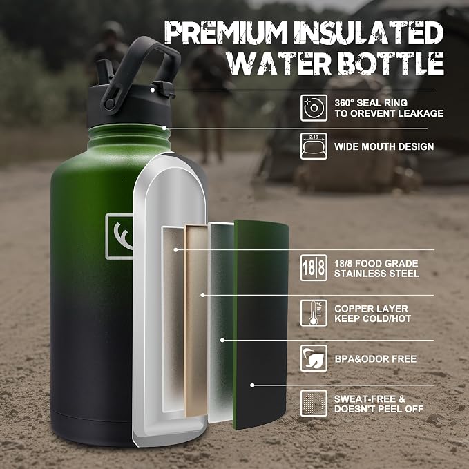 NATURE PIONEOR 64 oz Tactical Water Bottle with MOLLE Bottle Pouch & 3 Lids | 18/8 Food-grade Stainless Steel, Double Vacuum Insulation, 3 Leak-proof Lids, Handle, Strap, Camping, Hiking, Gym, Work