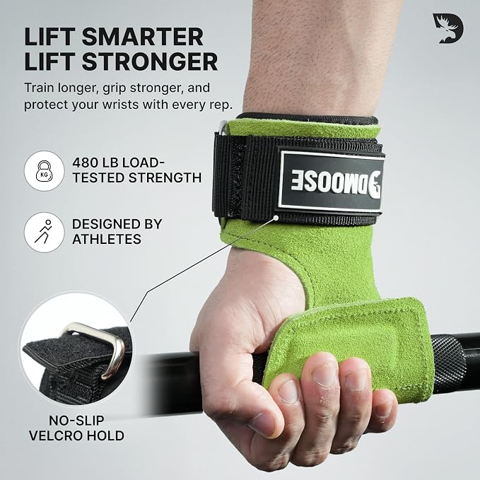 DMoose Fitness Weight Lifting Hooks (Pair) for Deadlifts, Pull Ups, Rows & Shrugs - Anti-Rip Nylon Strap Hand Grips with Thick Wrist Padding - Heavy Duty Wrist Straps for Weightlifting & Gym Workouts