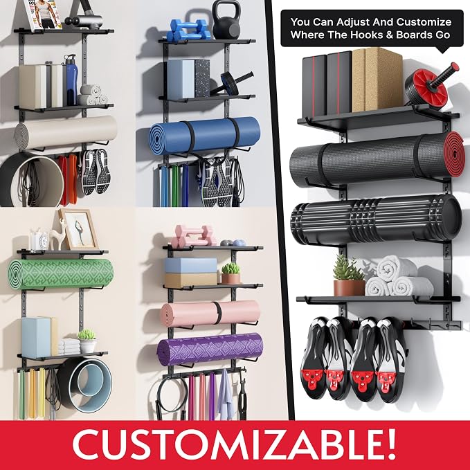 Home Gym Wall Storage Shelf, 2 Boards & 4 Adjustable Holders Sets | 2 boards, gym wall storage shelf with 4 adjustable holder sets and 8 hooks for mats, bands, shoes and workout gear