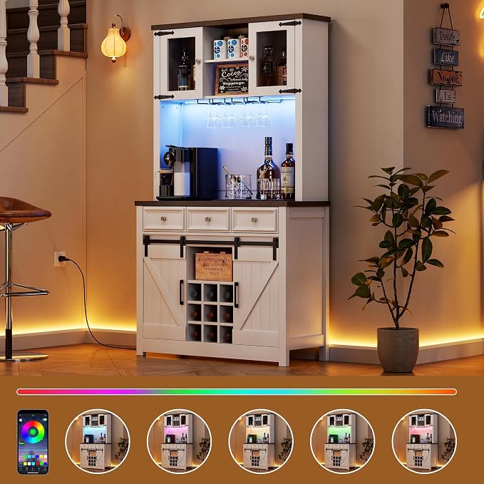 GarveeHome 72" Farmhouse Coffee Bar Cabinet with LED Lights & Power Outlets | Tall Kitchen Buffet Hutch with 3 Drawers & Wine Glass Rack, Sliding Barn Door, Ample Storage for Home Bar, White