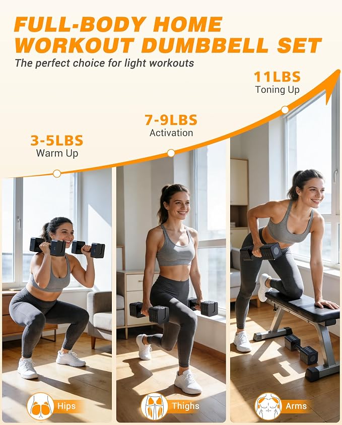 Rendpas Adjustable Dumbbell Set of 2, 10lb & 22lb Pairs (5lb/11lb Each) | Anti-Slip No-Roll Handle Weights, Bench Combo Option for Home Gym, Pilates & Strength Training