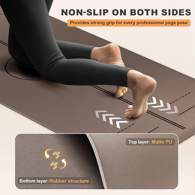 Yoga Mat - Non Slip Natural Rubber Yoga Mat, Alignment Lines, Ultimate Grip | Anti-Tear, Durable & Thick 5mm, Skin-Friendly with Free Carry Strap, Bag, for Yoga, Pilates Fitness and Floor Exercises