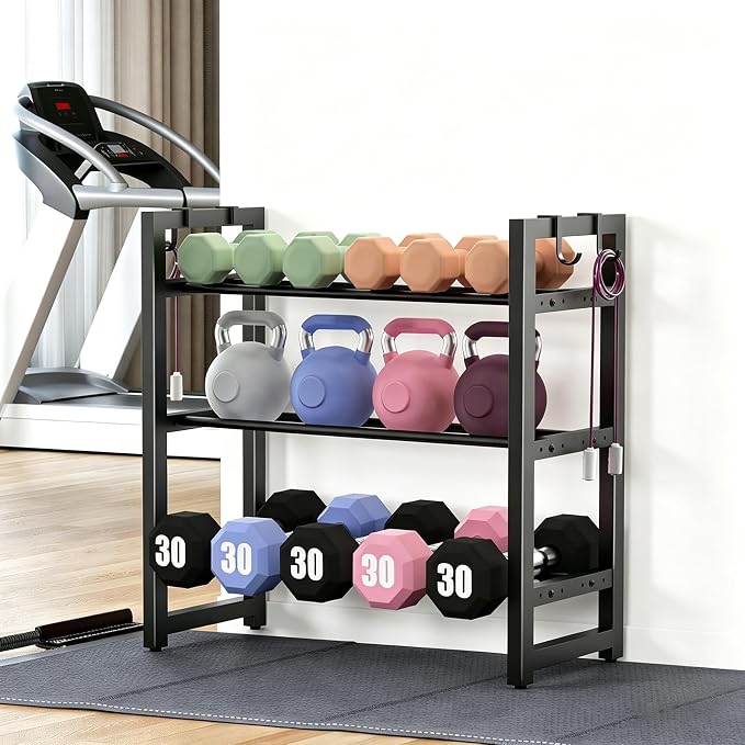 3-Tier Adjustable Dumbbell Rack, Heavy-Duty Weight Rack for Home Gym, Space-Saving Weight Storage Rack for Dumbbells, Kettlebells, Barbells & Plates (Rack Only)