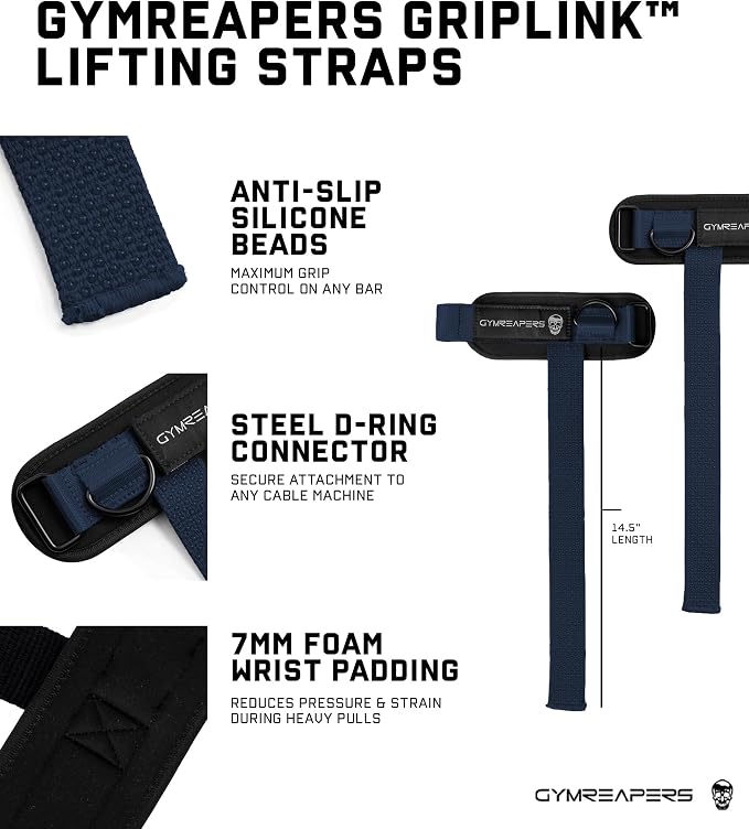 Gymreapers GripLink Lifting Straps – Heavy Duty D-Ring Weight Lifting Wrist Straps with Anti-Slip Silicone Grip Beads, Adjustable Support for Deadlifts, Powerlifting, Cable Machines & Gym Training