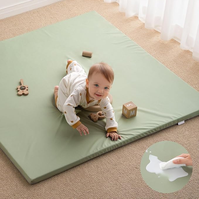 Blissful Diary Vegan Leather Baby Play Mat, 47''x47'', Light Green | thick cushion, safe and soft fabric, waterproof and wip clean, indoor use, non-slip bottom, stylish mordern decor