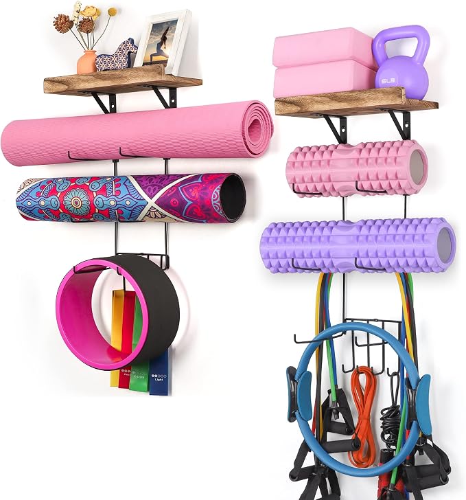 2 PACK Yoga Mat Holder Wall Mount Yoga Mat Storage Shelf Rack Home Gym Accessories with Wood Floating Shelves and 4 Hooks for Hanging Foam Roller and Resistance Bands Home Gym Carbonized Black