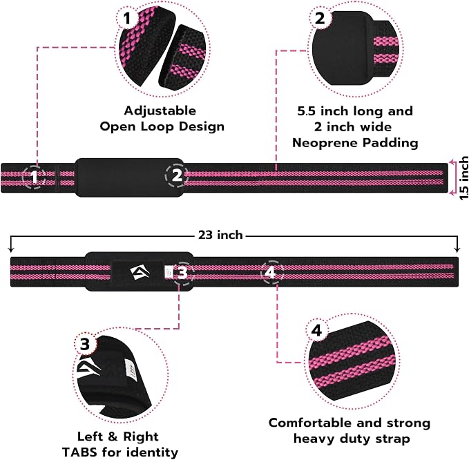 AQF Weight Lifting Straps, Padded Cotton Gym Wrist Straps for Deadlifts | 23" Extra-Long, Heavy-Duty Webbing, 5mm Neoprene Cushioning, Open-Loop Design, Sold as Pair, Ideal for Rows & Pull Workout