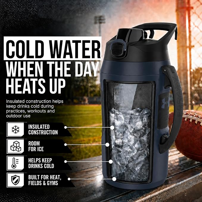 Under Armour Insulated Water Bottle with Handle & Fence Hook, Half Gallon Sports Water Jug, Leak-Resistant & BPA-Free for Baseball, Football & Gym - Academy/Black, 64oz