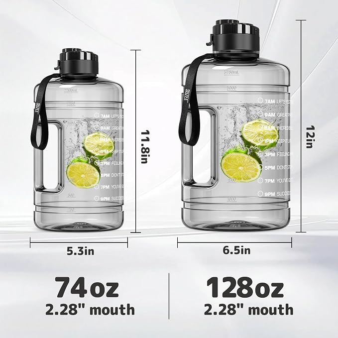 Large Water Bottle with Motivational Time Marker & Straw & Handle,2 Lids | BPA Free,Gallon Water Jug, Half Gallon water Bottle for Sport Gym Camping Workout Outdoors Yoga (Clear)