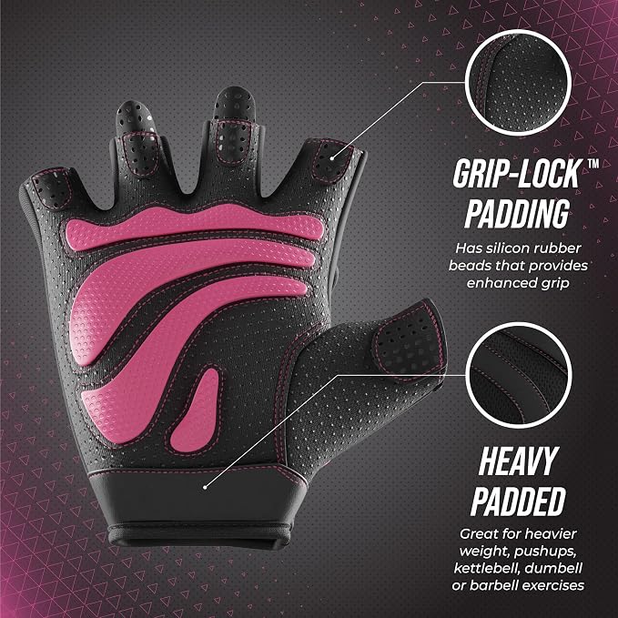 Contraband Pink Label 5437 Womens Extreme Grip Weight Lifting Gloves w/Heavy Rubber Padded Palm (Pair) - Heavy Duty Palm w/Griplock Silicone & Rubber Grip Pads for Gym Workouts