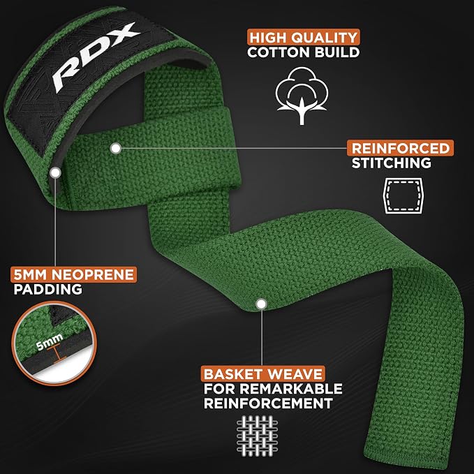 RDX Lifting Straps for Weightlifting –100% Cotton Heavy Duty Gym Wrist Strap with 5MM Neoprene Padding, 60CM Anti-Slip Hand Grip Wraps for Deadlifts Powerlifting Workouts Strength Training, Men Women