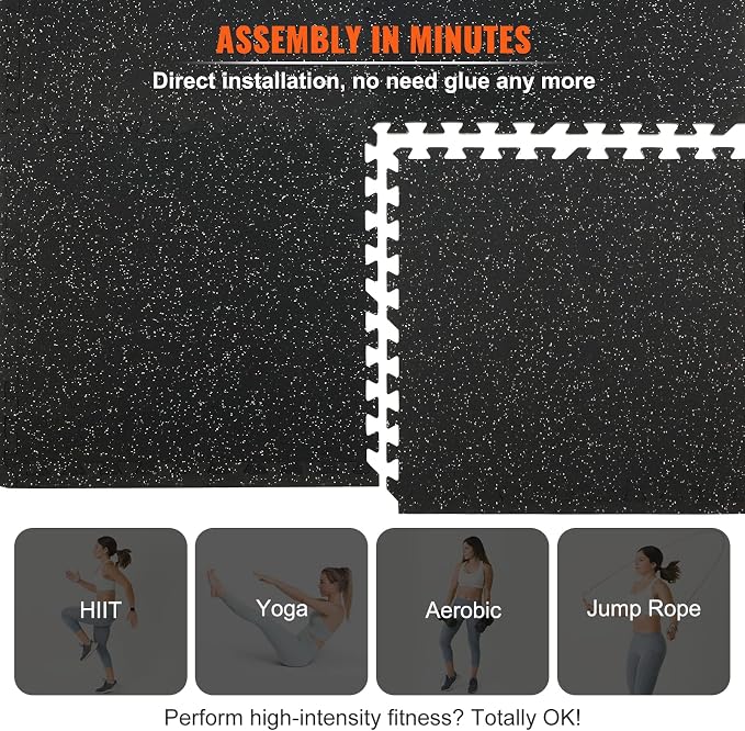 VEVOR 0.56Inch 100sq.ft Exercise Equipment Mats, 25 Tiles Upgraded Rubber Top with High Density EVA Foam, Interlocking Gym Flooring for Home Gym, 25 x 25In Gym Mats, Puzzle Workout Mats, Black & Gray | Rubber Top with Dense EVA Foam, Interlocking Gym F...