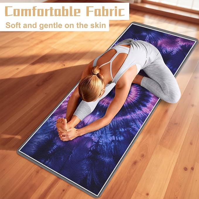 Yoga Mat Towel Non Slip Ultra-Absorbent Hot Yoga Towel, Super Stylish Printed Sweat Hot Yoga Towel, Ideal for Home, Workouts, Pilates, Yoga, 72 x 27in, Purple & Black Tie Dye