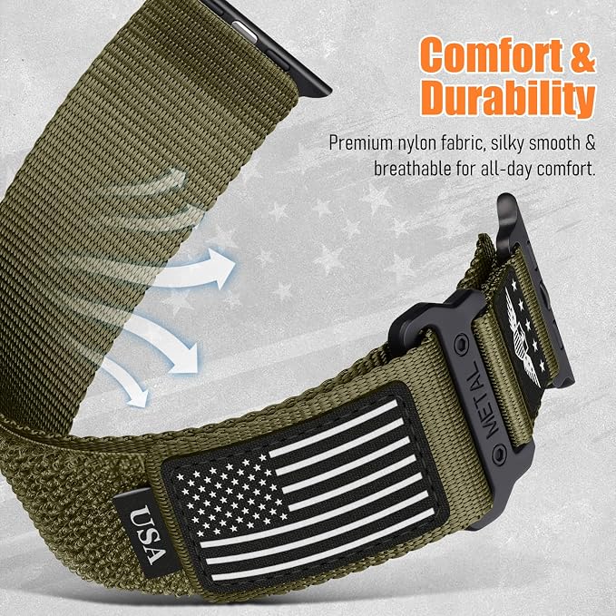 Rugged Nylon for Apple Watch Ultra 2/ Ultra 3 Band Series 11/10/9/8/7/6/5/4/3/SE iWatch Bands Men,Soft Woven Stars-Stripes Flag Wristbands Strap for Apple Watch Ultra 3/2/1 49mm 46mm 45mm 44mm 42mm