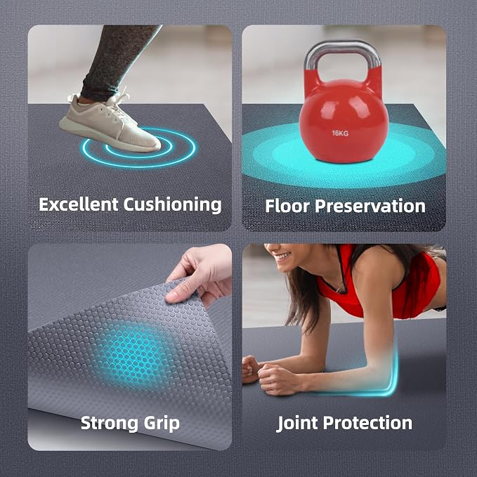 GymCope Large Exercise Mat for Home Workout,12‘x6’/10'x6'/9'x6'/8'x6'/7'x5'/6'x4' (7mm) Extra Thick Workout Mat, High-Density Gym Mat for Cardio, Jump Rope, MMA, Weights (Shoe-Friendly)
