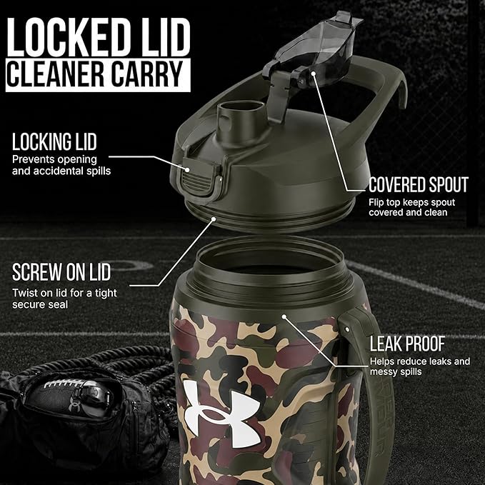 Under Armour Insulated Water Bottle with Handle & Fence Hook, Half Gallon Sports Water Jug, Leak-Resistant & BPA-Free for Baseball, Football & Gym - Green Hyper Camo, 64oz