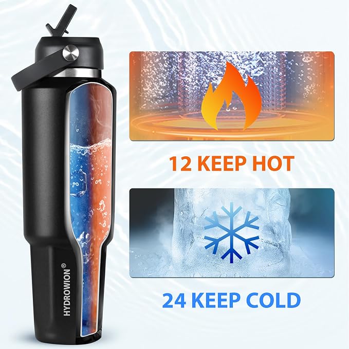 HYDROWION 32 oz Insulated Water Bottle, Car Water Bottle Holder - Double Wall Vacuum Insulated Travel Bottle with Straw Lid, Spout Lid and Flex Cap - Cold for 24H, Hot for 12H, Black