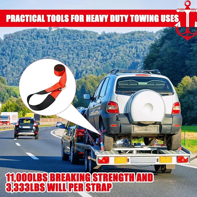 8 Pack 2" x 8ft Lasso Tow Truck Straps with D Ring 11, 000 Lbs Break Strength D Ring Auto Tie Down Wheel Lift Trailer Strap for Hauling Utv SUV Wrecker Rollback