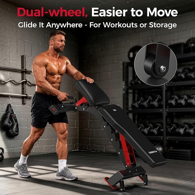 FLYBIRD WB7 Weight Bench, 1300LBS Commercial Adjustable Weight Bench, Workout Bench for Home Gym, Flat Incline Bench Press Heavy Duty Bench with 34'' Extra-Long Backrest and Easy-Roll Wheels
