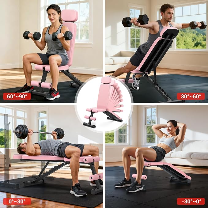 XDDIAS Workout Bench, 10 Backrests Adjustable Weight Bench with Extended Headrest, 800LBS Foldable Weight Bench for Home Gym, Incline Decline Flat Bench Compact for Small Space Training