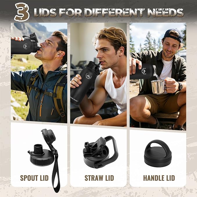 NATURE PIONEOR 32 oz Tactical Water Bottle with MOLLE Bottle Pouch & 3 Lids | 18/8 Food-grade Stainless Steel, Double Vacuum Insulation, 3 Leak-proof Lids, Handle, Strap, Camping, Hiking, Gym, Work