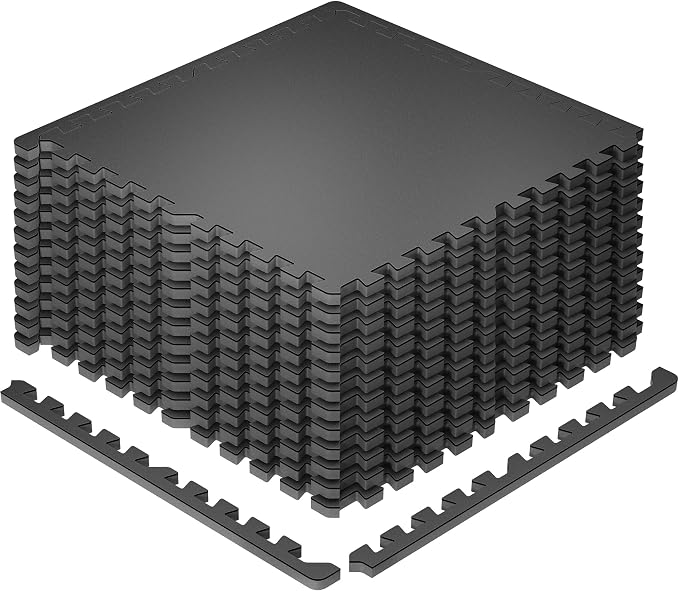 SUPERJARE 0.79'' Extra-Thick Exercise Equipment Mats, 12 Pcs 48 Sq Ft Rubber Top Floor Tiles with High Density EVA Foam, Interlocking Gym Flooring for Home Gym, Workout Mat, Black
