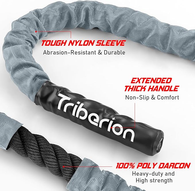 Battle Rope for Home Gym Workout - 1.5 Inch 30ft Heavy Weighted Training Exercise Ropes Fitness Equipment with Sleeve and Anchor Strap Kit for Outdoor Working Out - Gray