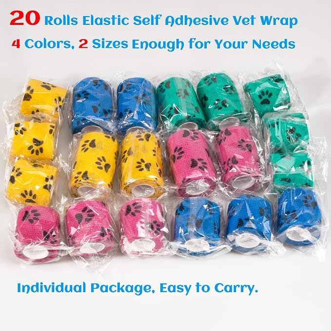20 Rolls Dog Bandages for Wounds, Self Stick Vet Wrap for Dogs Horse, Vet Tape Elastic Self Adhesive Bandage Wrap(2 Inch 3 Inch)