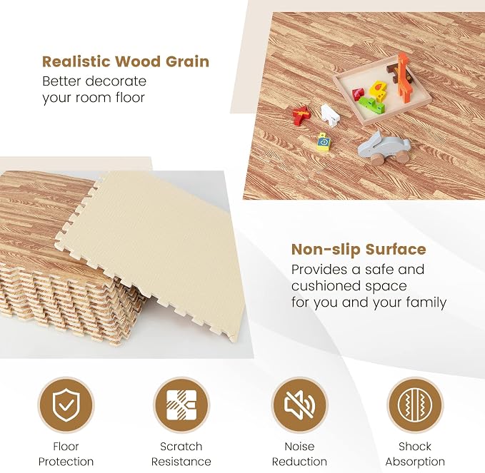 Giantex 24 Pcs Faux Wood Grain EVA Foam Tiles, 24"x24" Interlocking Floor | 96 Sq. Ft Puzzle Exercise Mats with 48 Borders, 0.4" Thick Waterproof Anti-Slip Flooring for Home Gym, Basement, Light Oak