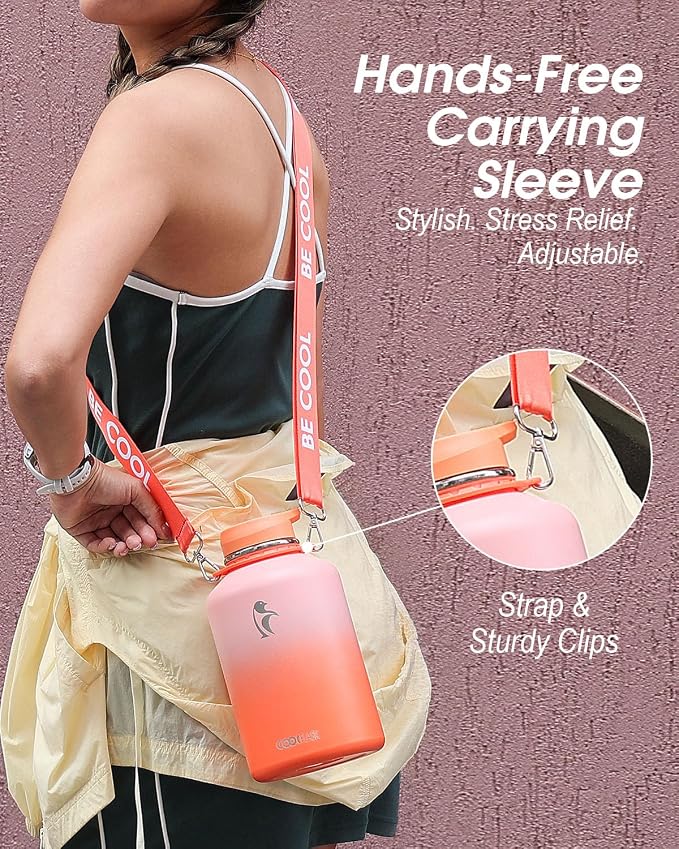 Coolflask Half Gallon Water Bottle Insulated Stainless Steel with Strap | 64 oz Large Water Jug with Straw & Spout Lids,Triple-Wall, Cold 48+h,Dishwasher Safe, Leakproof, BPA-Free,for Gym & Hiking