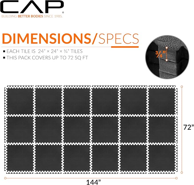 CAP Barbell 3/4-Inch Interlocking EVA Foam Exercise Puzzle Mat Home Gym Flooring - 3 Pack | 24" x 24" x 3/4" | Pebble Pattern - Black